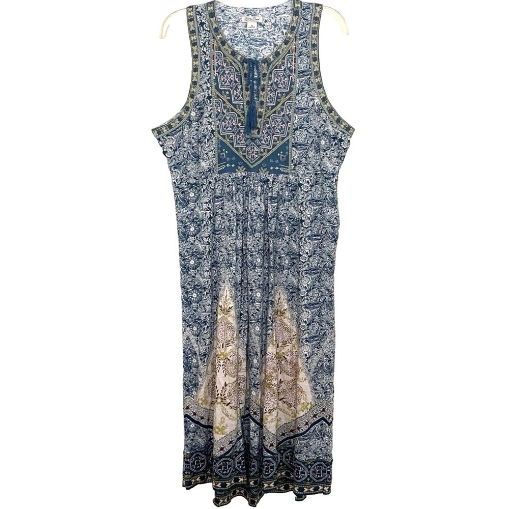 Lucky Brand Maxi Dress XL Sleeveless Embroidered Boho Tassels Vacation Relaxed
